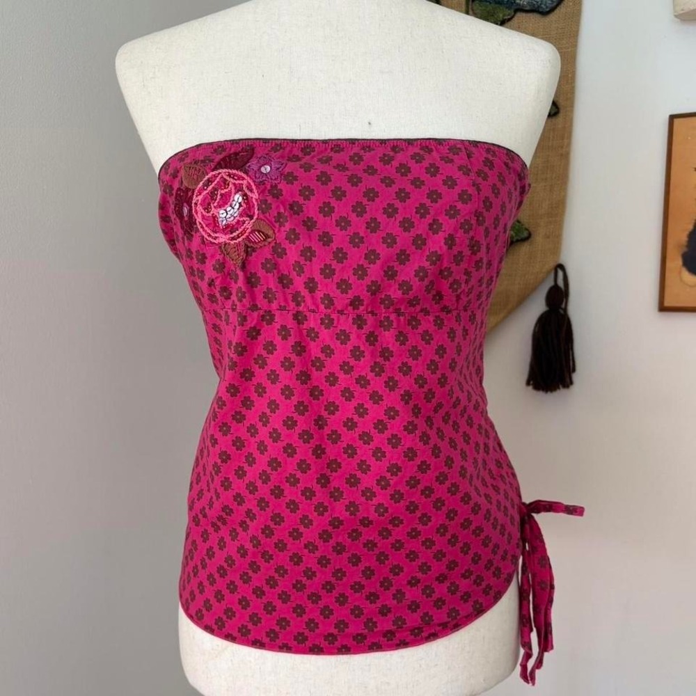 Preppy Pink and Brown Embroidered Tube Top